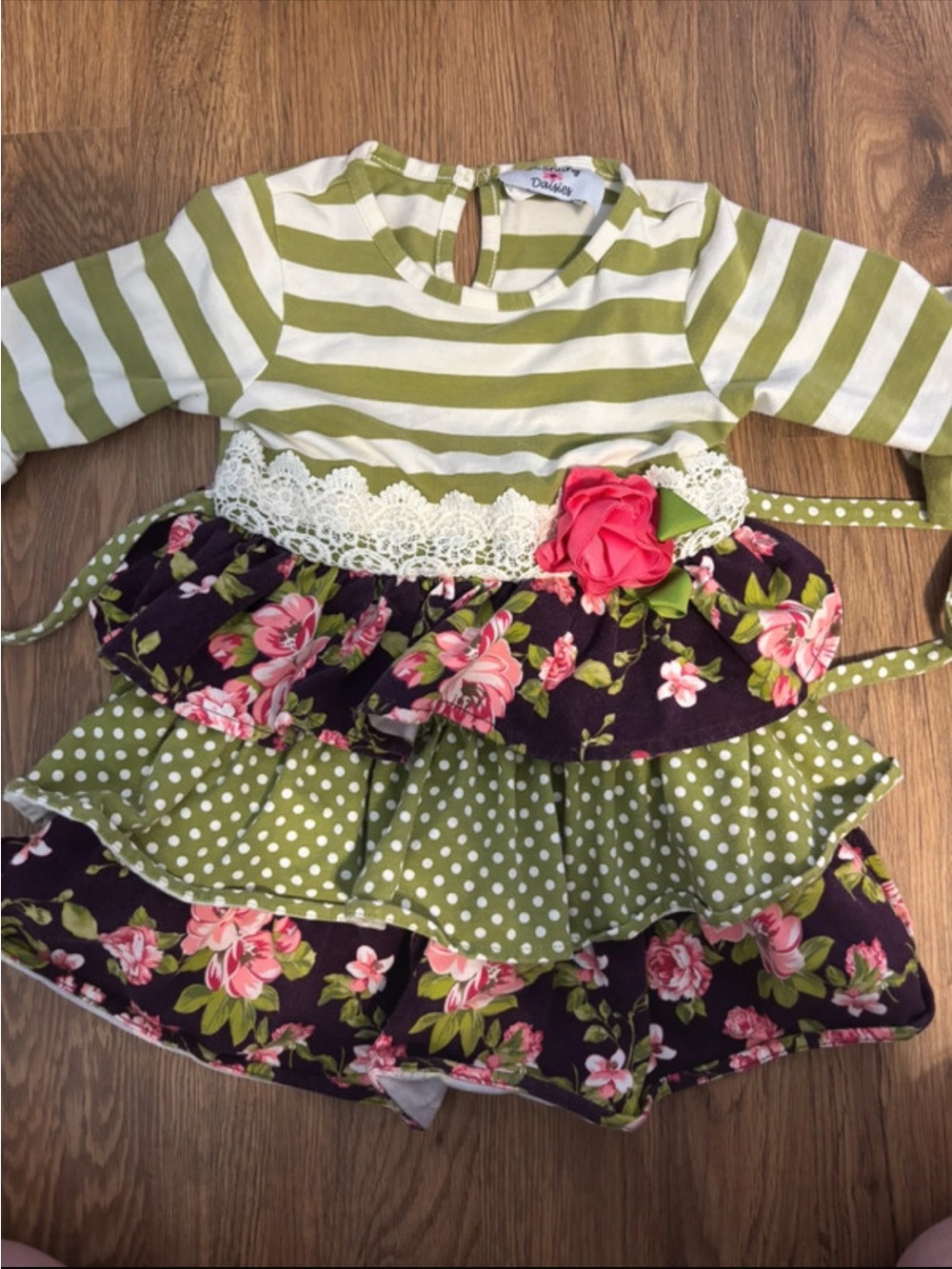 Dainty Floral & Stripe Green Girls Casual Dress with Lace and Rose